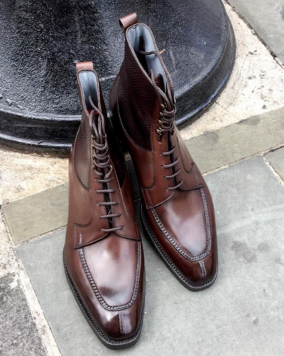 Handmade Burgundy Grain Leather Split Toe Ankle High Boot