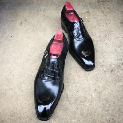 Handmade men black calf black crocodile alligator leather monk strap dress shoes - Thumbnail 3