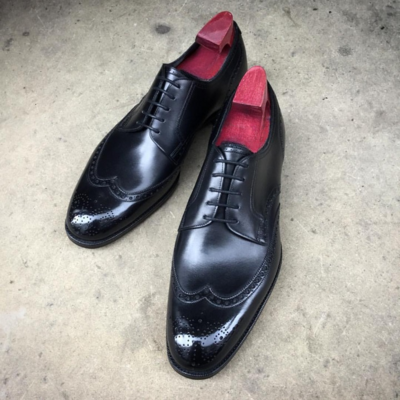 Handmade Black Leather Wingtip Oxford Lace up Dress Shoes