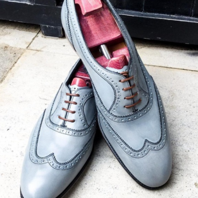 Baby blue classic leather wingtip oxford lace up dress shoes - Thumbnail 3