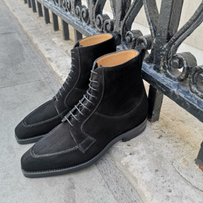 Handmade men black suede leather ankle high lace up boot - Thumbnail 1