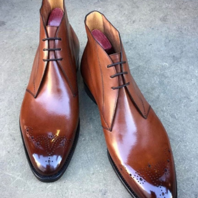 Handmade men brown shine leather chukka boot - Thumbnail 4