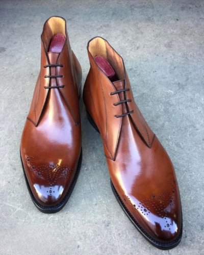 Handmade Men Brown Shine Leather Chukka Boot