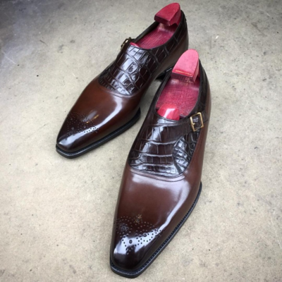 Handmade dark brown calf leather classic  alligator/crocodile monk strap dress shoes - Thumbnail 4