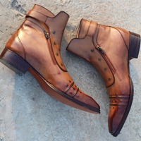 Handmade Men Brown Leather Buckle Jodhpur Boot witth Zipper and Button - Thumbnail 1