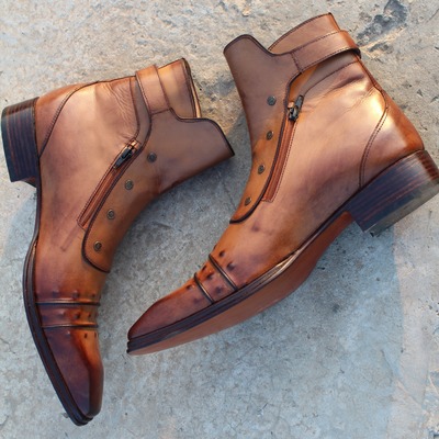 Handmade men brown leather buckle jodhpur boot witth zipper and button - Thumbnail 4