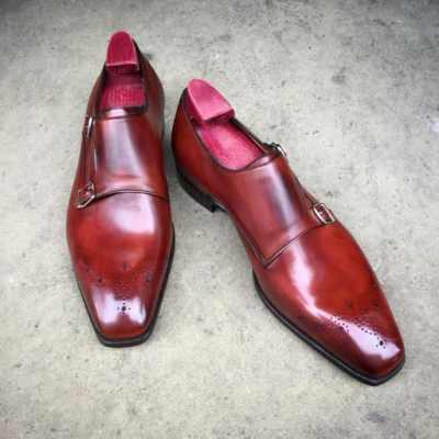 Handmade red patina leather monk strap dress shoes - Thumbnail 4