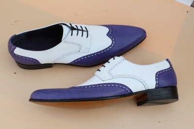 Crafted Leather Handmade Classic White / Blue Wingtip Oxford Lace up Dress Shoes For Men