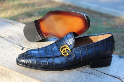 Crafted Leather Blue Classic Loafers Alligator/Crocodile Dress Shoes