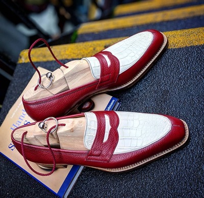 Handmade Classic Red / White Loafers Alligator/Crocodile Dress Shoes