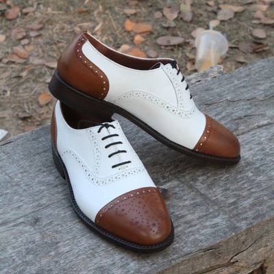 Crafted leather brown / white leather oxford men formal lace up dress shoes - Thumbnail 2