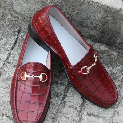 Crafted leather handmade burgundy crocodile moccasin shoes, men classic horsebit loafers dress shoes - Thumbnail 3
