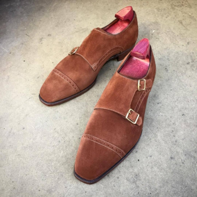 Brown suede leather double monk strap dress shoes - Thumbnail 4