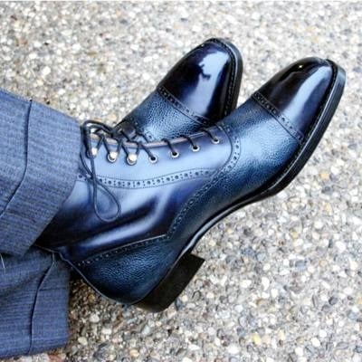 Handmade blue leather classic ankle high lace up dress boot - Thumbnail 3