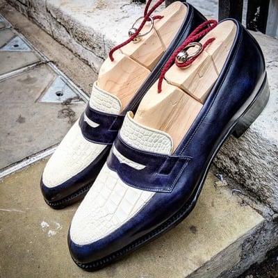 Handmade classic blue / white loafers alligator/crocodile dress shoes - Thumbnail 3