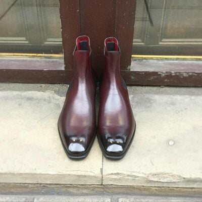 Handmade men burgundy patina leather chelsea boots - Thumbnail 3