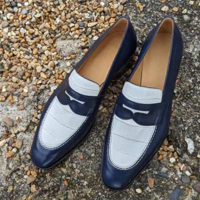 Handmade blue leather crocodile shoes, men classic white alligator moccasin loafers dress shoes - Thumbnail 3