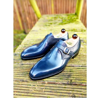 Handmade men blue genuine leather monk strap dress shoes