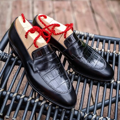 Handmade black leather crocodile classic alligator moccasin loafers shoes