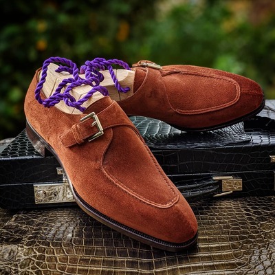 Handmade men's leather brown color suede monk strap fashion shoes