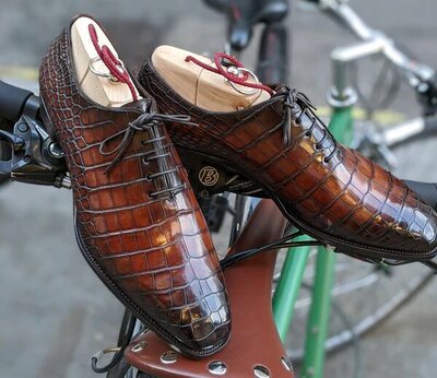Brown Crocodile Embossed Calfskin Goodyear Welted Alligator Dress Shoes