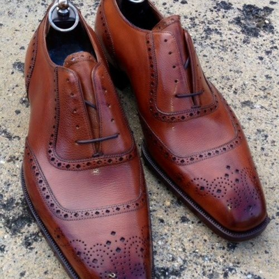 Handmade men brown leather lace up dress shoes - Thumbnail 2