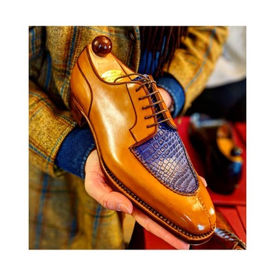 Tan cognac blue crocodile embossed alligator lace up dress shoes - Thumbnail 4