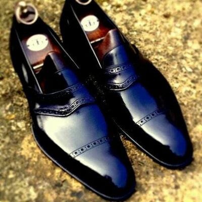 Handmade classic black leather loafers dress shoes - Thumbnail 4