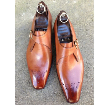 Mens handmade shoes, classic oxfords brown leather monk strap dress shoes - Thumbnail 4