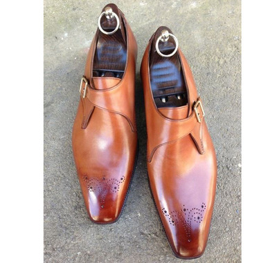 Mens Handmade Shoes, Classic Oxfords Brown Leather Monk Strap Dress Shoes