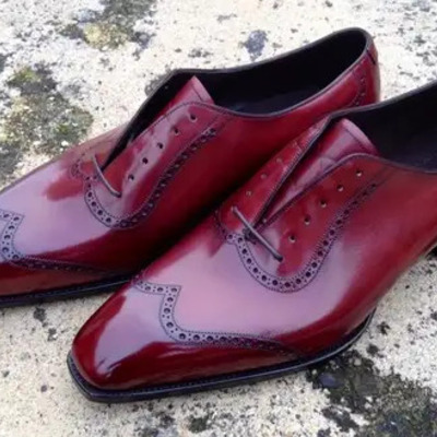 Handmade burgundy wingtip men classic oxford lace up dress shoes