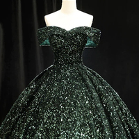 Dark Green Sequins Long Formal Evening Dress - Thumbnail 3