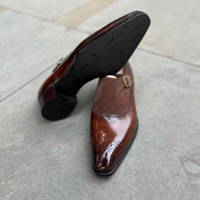 Brown patina and suede single monk strap loafers dress shoes