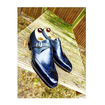 Bespoke Handmade Men Classic Blue Wingtip Monk Strap Dress Shoes
