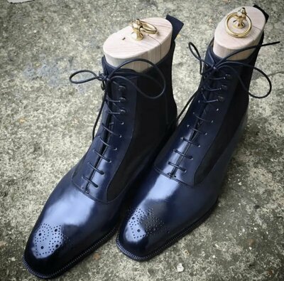 Blue Black Combination Leather / Suede Ankle High Lace up Balmoral Boots