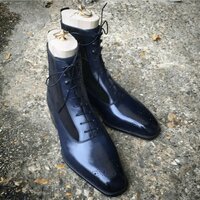 Blue Black Combination Leather / Suede Ankle High Lace up Balmoral Boots - Thumbnail 1
