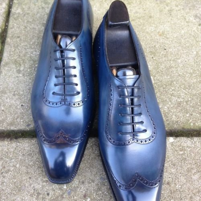 Handmade blue leather classic wingtip oxford lace up dress shoes