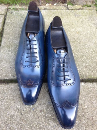 Handmade Blue Leather Classic Wingtip Oxford Lace up Dress Shoes