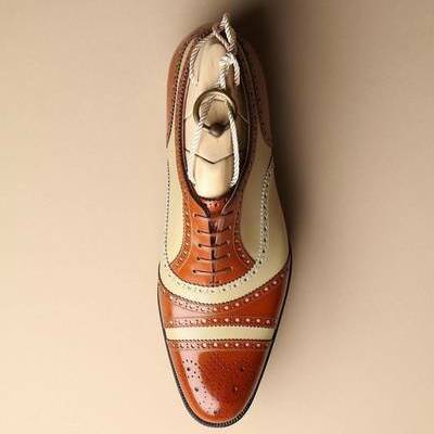 Bespoke handmade men brown beige leather oxford lace up dress shoes