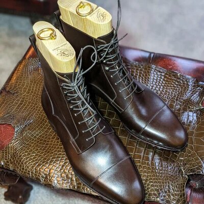 Handmade dark brown leather ankle high lace up boot