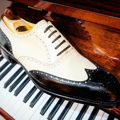 Black white leather wingtip oxford shoes, lace up dress shoes