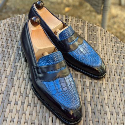 Handmade Black Blue Alligator/Crocodile Loafers Moccasin Dress Formal Shoes