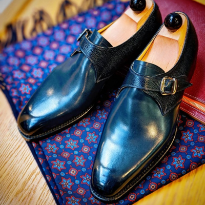 Handmade men's blue leather monk strap dress shoes