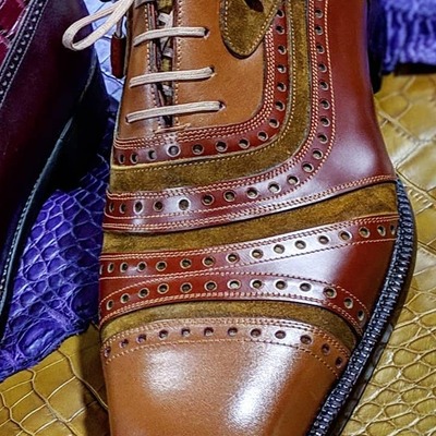 Bespoke handmade men brown suede and red leather lace up oxford dress shoes