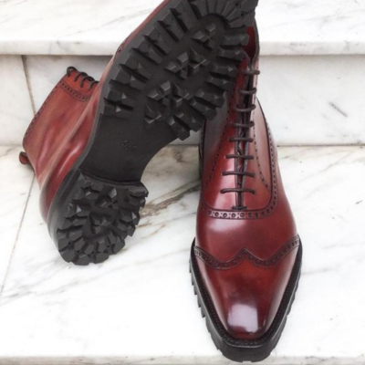 Handmade men vintage red leather wingtip classic ankle high dress lace up boot - Thumbnail 2