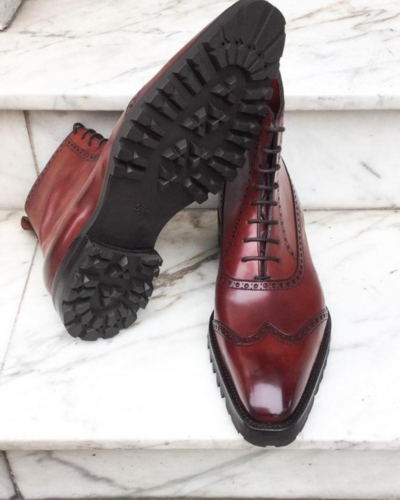 Handmade Men Vintage Red Leather Wingtip Classic Ankle High Dress Lace up Boot