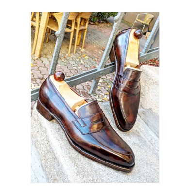 Handmade dark brown leather moccasin loafers dress shoes - Thumbnail 2