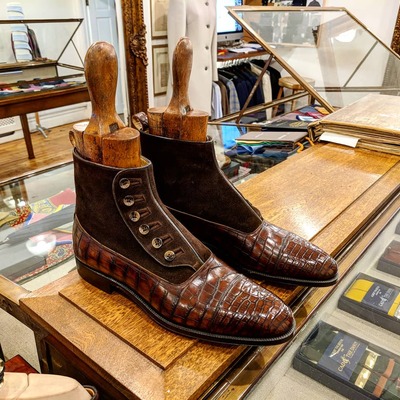 Handmade men two tone brown crocodile and suede leather ankle high button dress boot - Thumbnail 3