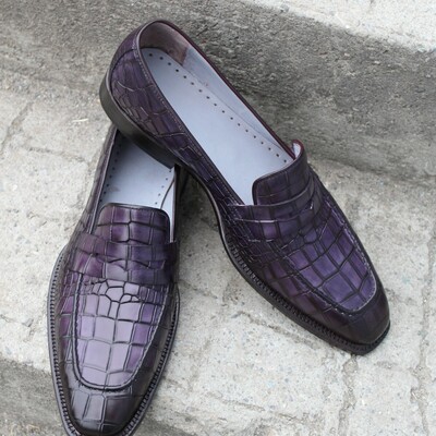 Handmade purple crocodile alligator leather moccasin loafers dress shoes - Thumbnail 4