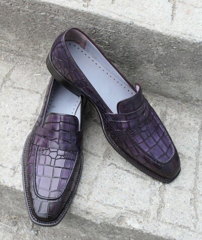 Handmade Purple Crocodile Alligator Leather Moccasin Loafers Dress Shoes